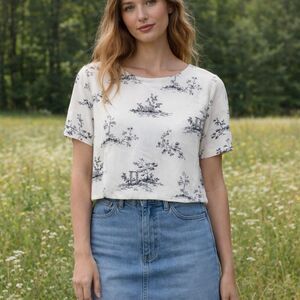 Vintage Silk Cream Toile Blouse 6p Chiffon French Country Cottagecore Garden